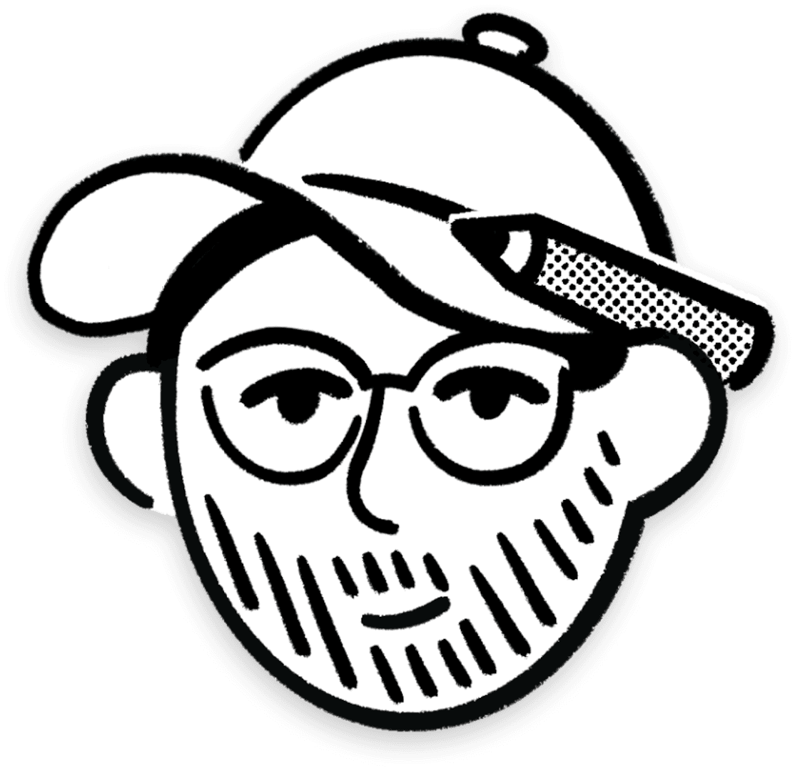 Illustration of Pierre Moret, wearing a cap and glasses, with a pencil behind his ear