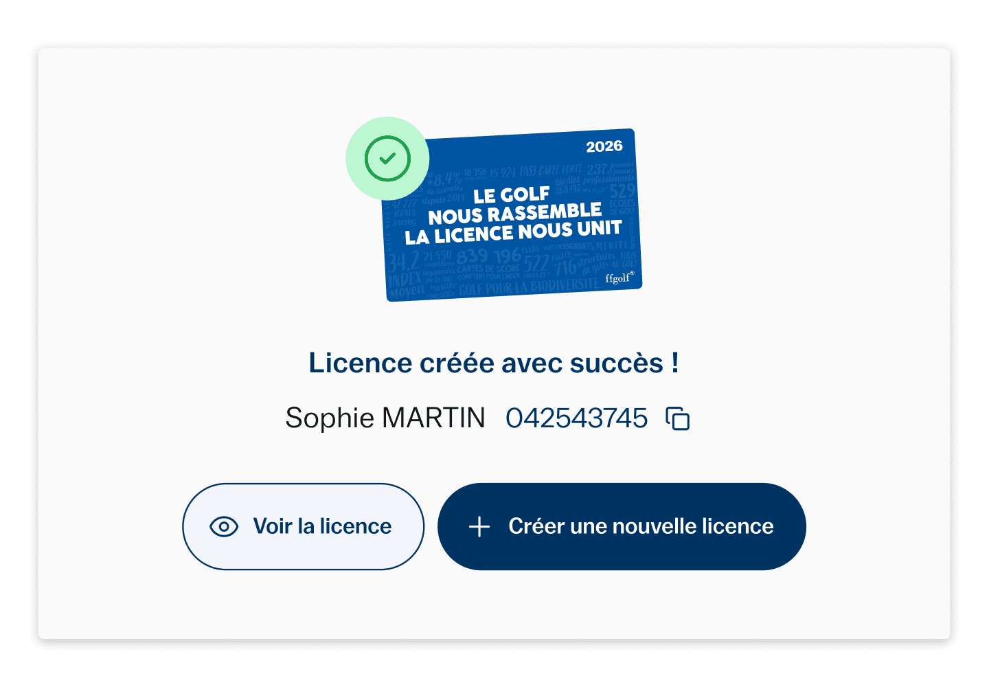 FF Golf: final screen after licence creation and status of the new licence