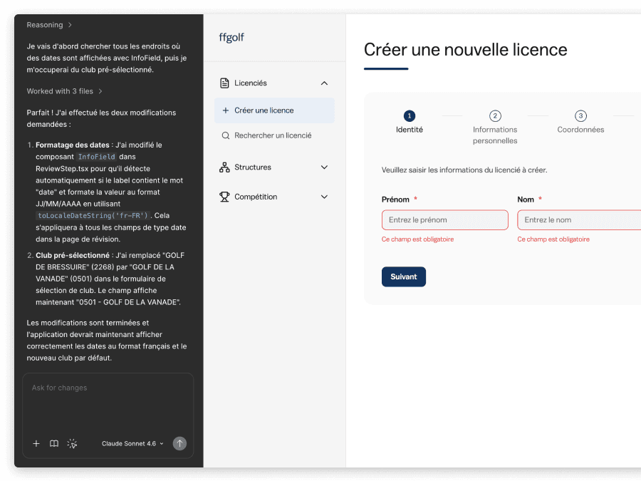 FF Golf: interactive licence journey prototype in Figma Make