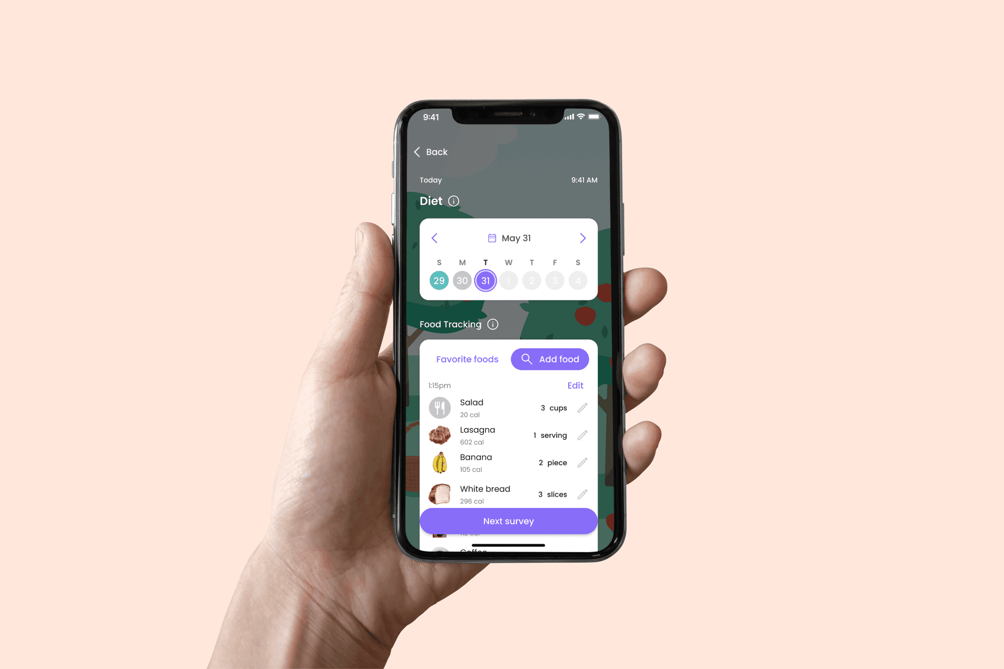 Injoy Diet screen — weekly calendar and meal tracking