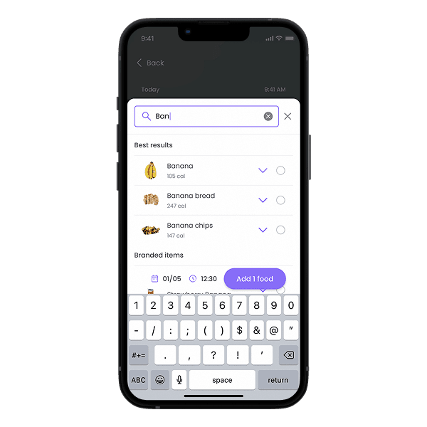 Food search — results and keyboard
