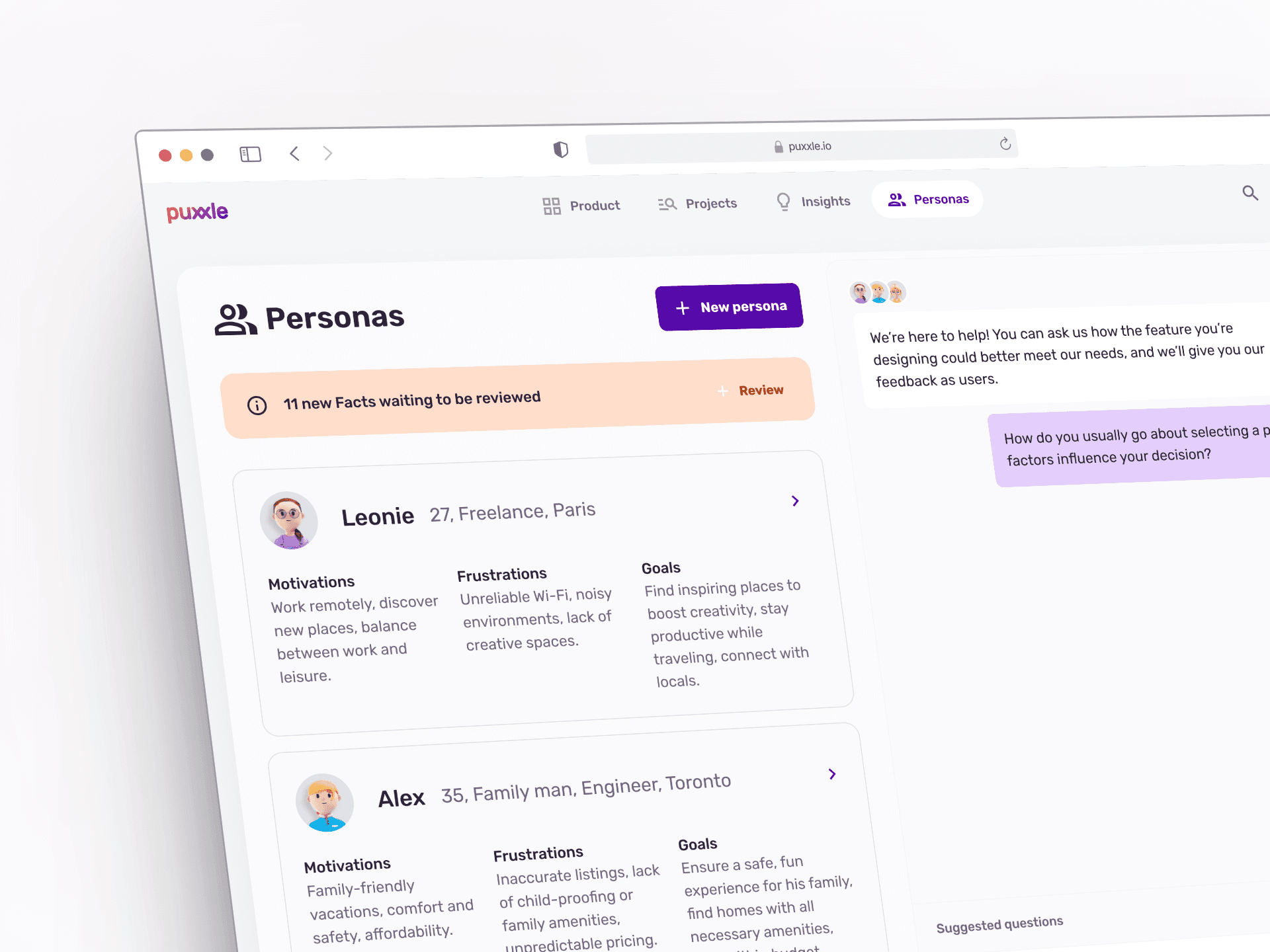 Puxxle — Alice, Thomas, and Emily persona sheets